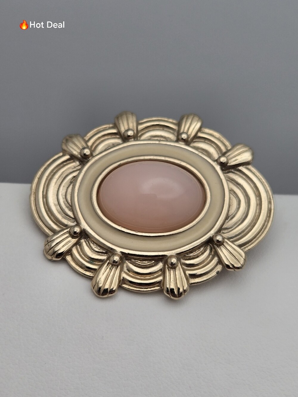 Vintage Avon Victorian Spring Brooch Pink Cabochon Faux Pearl Gold Tone 1980s